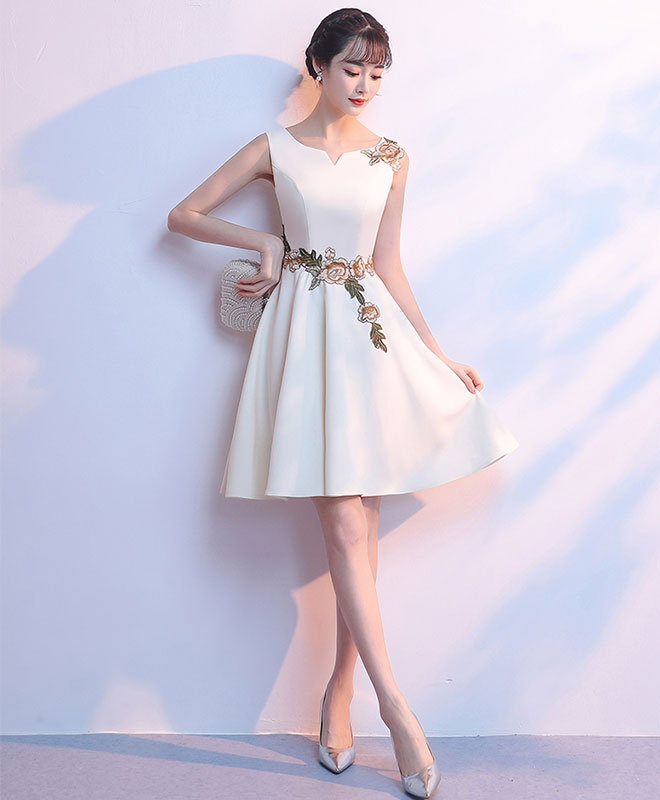 Simple light Champagne satin applique short prom dress, cute homecoming dress US 6 / Champagne Simple light Champagne satin applique short prom dress, cute homecoming dress US 6 / Champagne