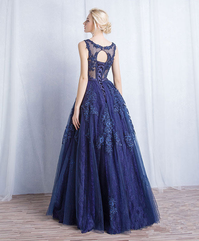 Dark Blue Round Neck Tulle Lace Applique Long Prom Dress