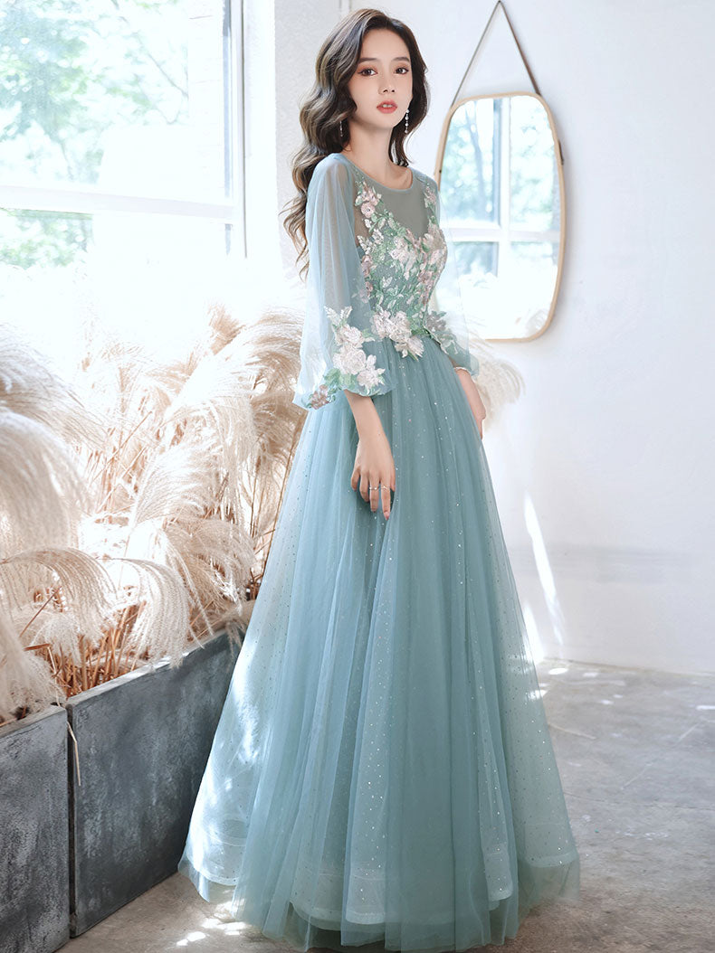 crew neck prom dress Green Round Neck Tulle Lace Long Prom Dress, Green Evening Dress US 12 / Green