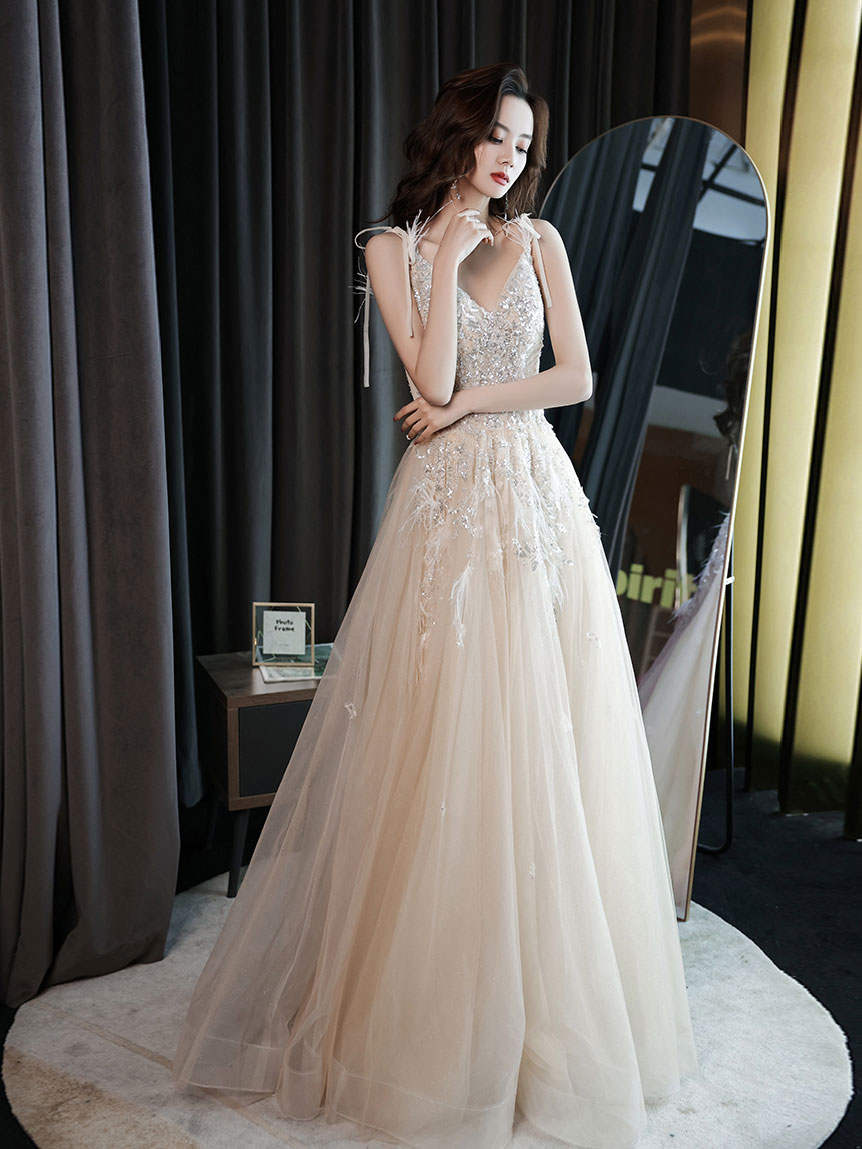 Champagne V Neck Tulle Sequin Lace Long Prom Dress, Champagne Evening Dress