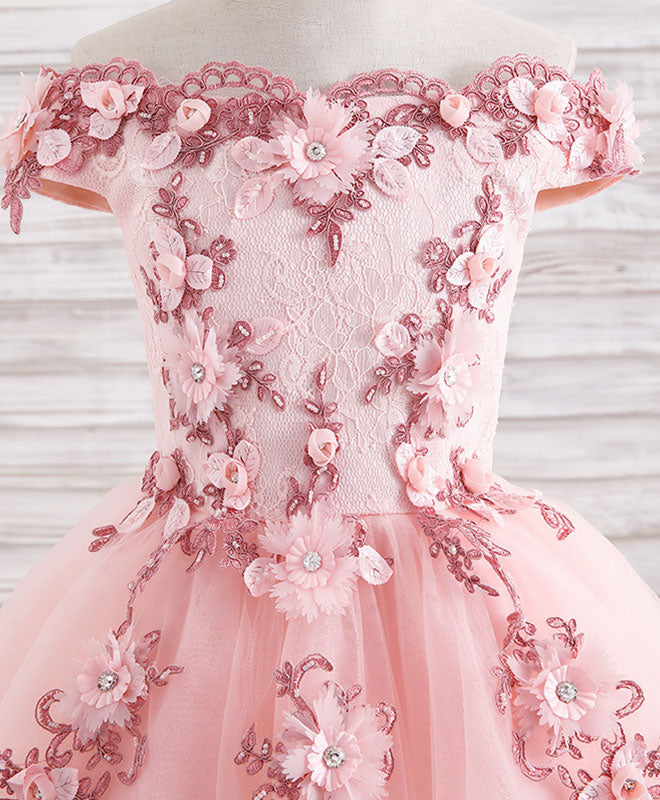 Pink Tulle Lace Applique Short Flower Girl Dresses 7T / Pink Pink Tulle Lace Applique Short Flower Girl Dresses 7T / Pink