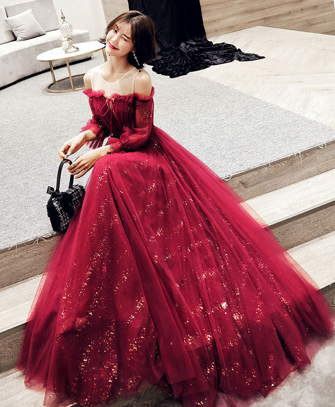 Red Tulle Lace Long Prom Dress, Dark Red Evening Dress – shopluu