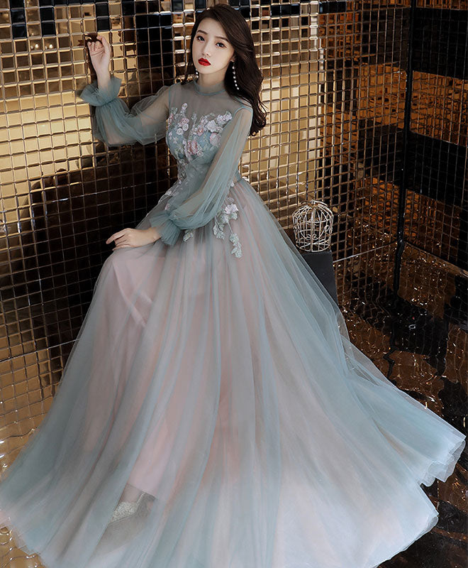 Green Tulle Lace Long Prom Dress, Green Tulle Evening Dress