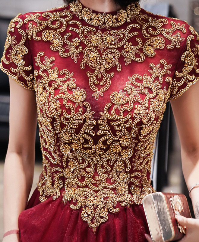 Burgundy Tulle Beads Long Prom Dress, Tulle Burgundy Evening Dress