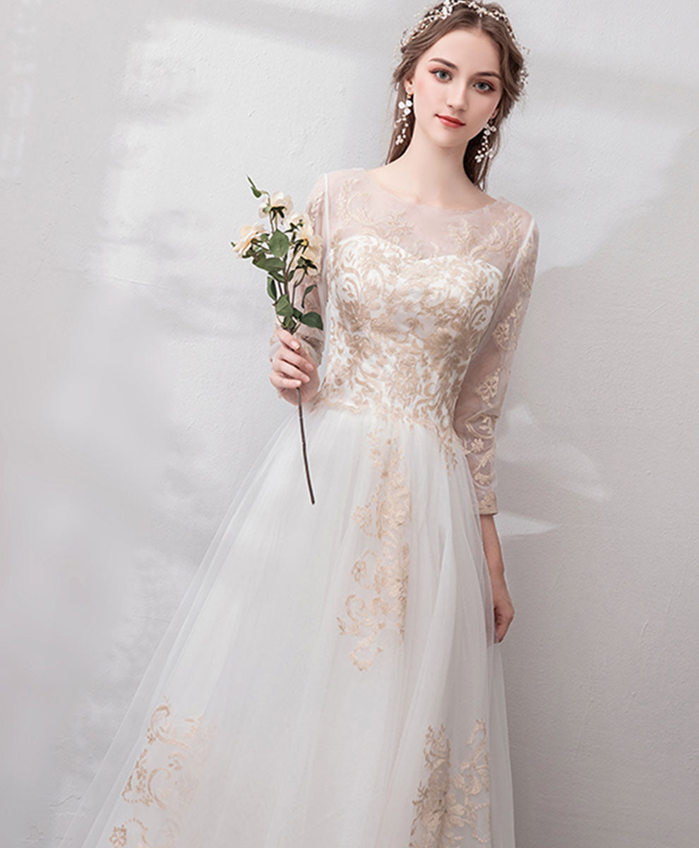 White Round Neck Tulle Lace Long Prom Dress Lace Formal Dress