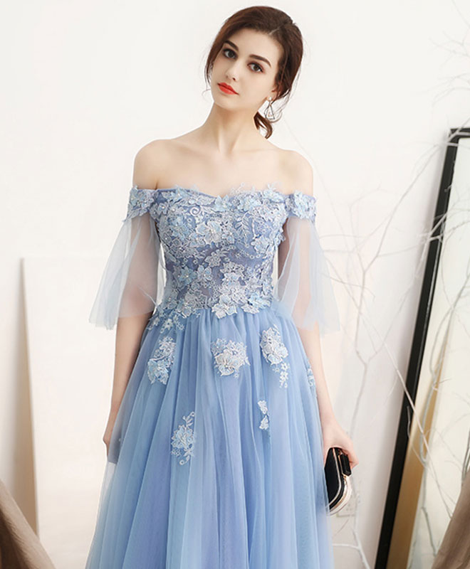 A-Line Blue Off Shoulder Tulle Long Prom Dress, Blue Evening Dress