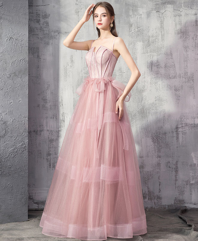 Pink Tulle Lace Long Prom Dress, Pink Evening Graduation Dress