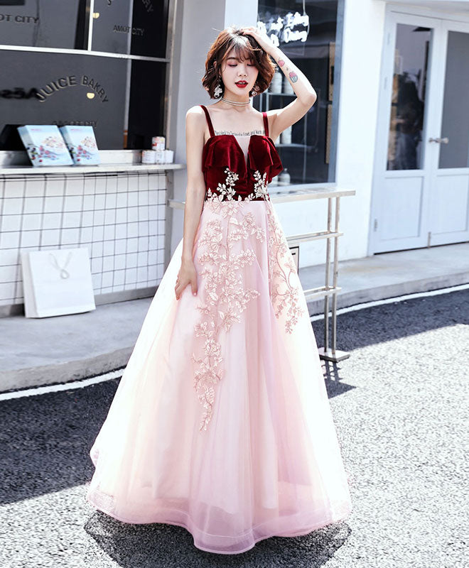 embroidered prom dress Pink Sweetheart Tulle Lace Long Prom Dress, Pink Evening Dress – shopluu
