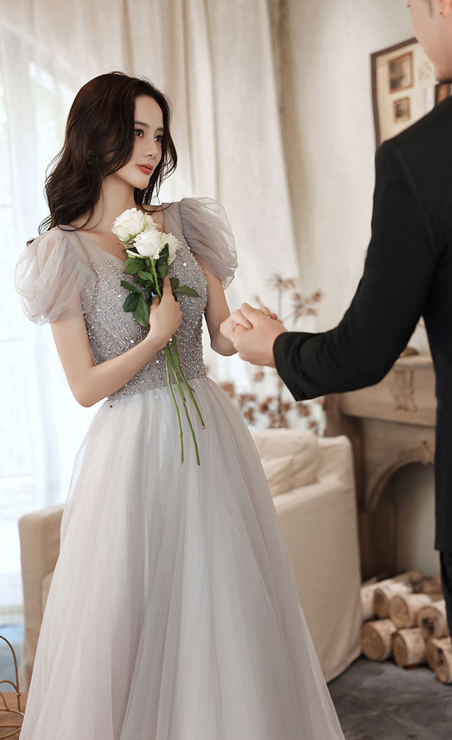 Gray V Neck Tulle Beads Long Prom Dress, Gray Aline Formal Dress
