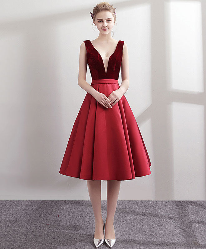 Simple V Neck Burgundy Satin Short Prom Dress, Burgundy Homecoming Dress US 10 / Burgundy Simple V Neck Burgundy Satin Short Prom Dress, Burgundy Homecoming Dress US 10 / Burgundy