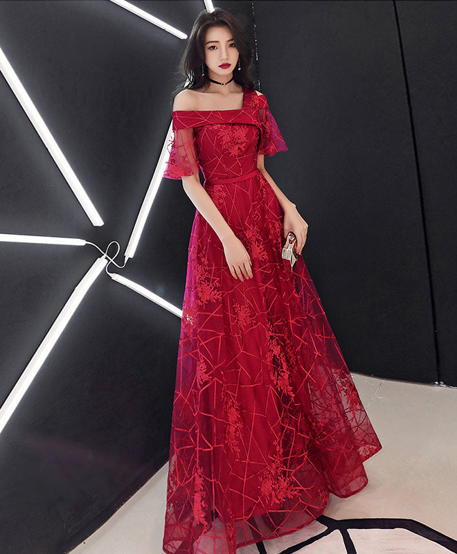 Burgundy Tulle Lace Long Prom Dress Burgundy Lace Formal Dress