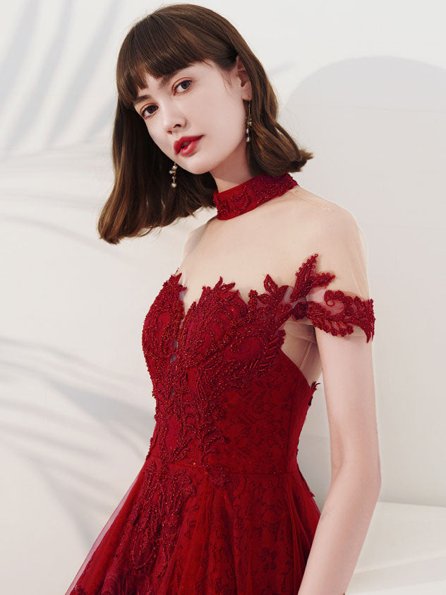 Burgundy Tulle Lace Tea Length Prom Dress, Burgundy Evening Dress