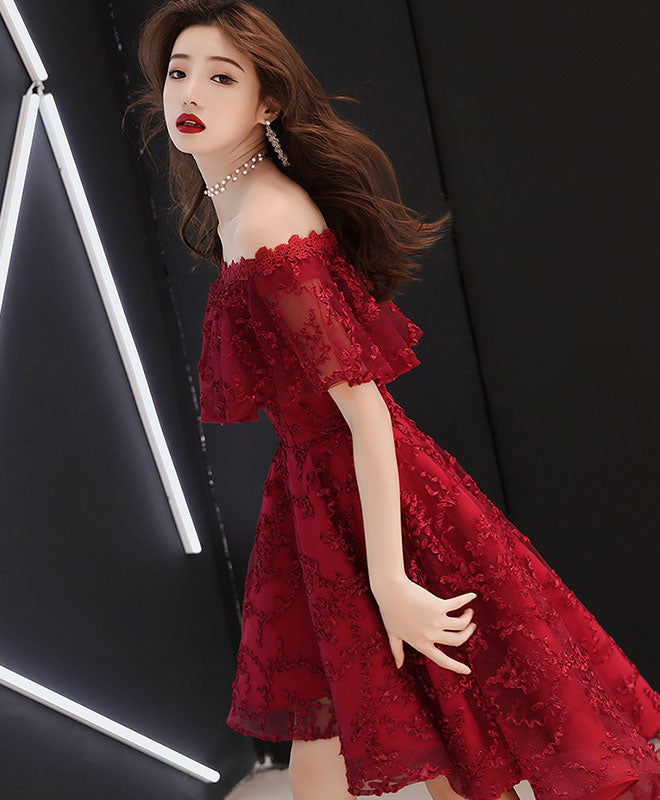 Burgundy Tulle Lace Short Prom Dress Burgundy Homecoming Dress