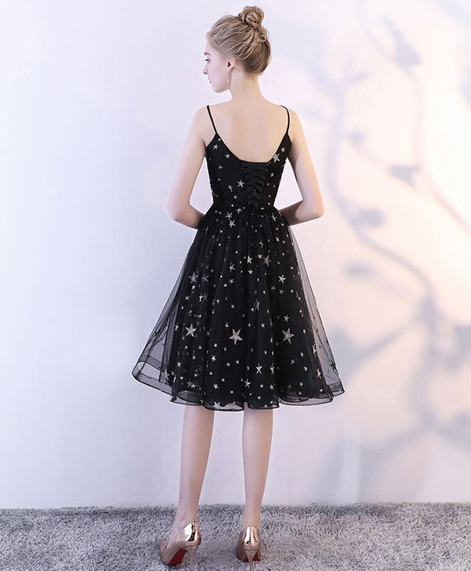 Black V Neck Tulle Short Prom Dress, Black Homecoming Dress
