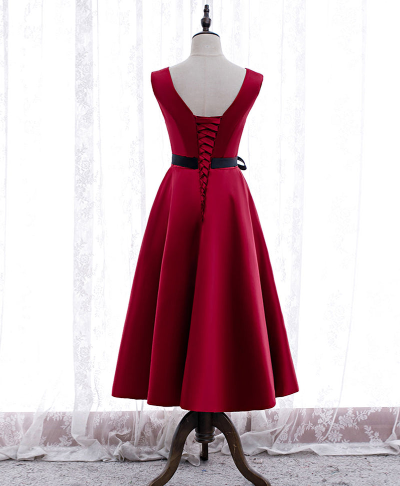 Simple V Neck Satin Burgundy Short Prom Dress, Burgundy Bridesmaid Dress US 2 / Custom Color Simple V Neck Satin Burgundy Short Prom Dress, Burgundy Bridesmaid Dress US 2 / Custom Color