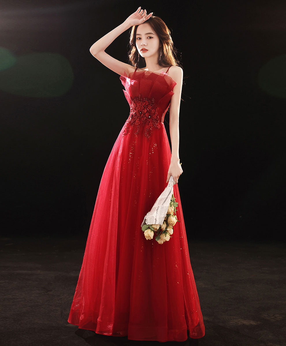 Burgundy Tulle Lace Long Prom Dress Burgundy Formal Dress