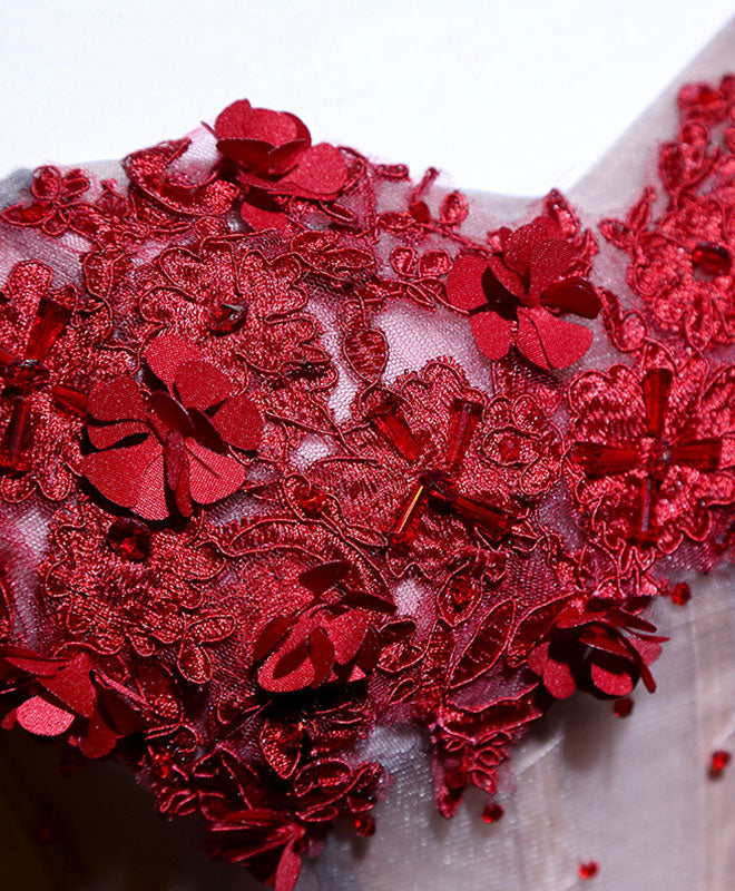 Burgundy Sweetheart Neck Lace Short Prom Dress, Burgundy Homecoming Dress