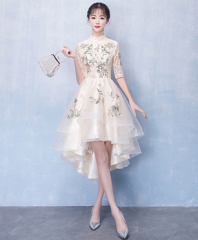 A-Line Champagne Tulle Lace Applique Prom Dress, Evening Dress