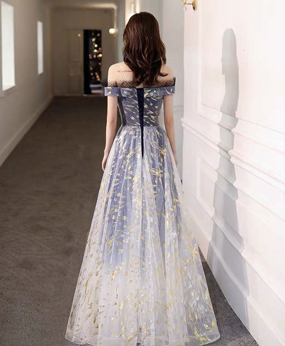 Blue Tulle Off Shoulder Lace Long Prom Dress Tulle Formal Dress