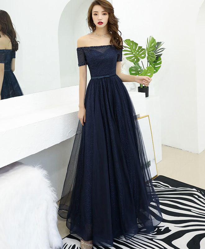 Dark Blue Tulle Long Prom Dress, Blue Tulle Evening Dress