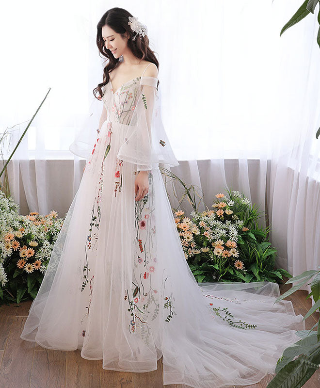 White V Neck Tulle Lace Applique Long Prom Dress, White Evening Dress US 2 / White White V Neck Tulle Lace Applique Long Prom Dress, White Evening Dress US 2 / White