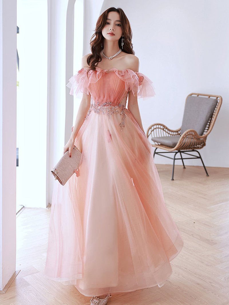 Brydealo Factory Pink Tulle Off-Shoulder Tea Length Formal Dress