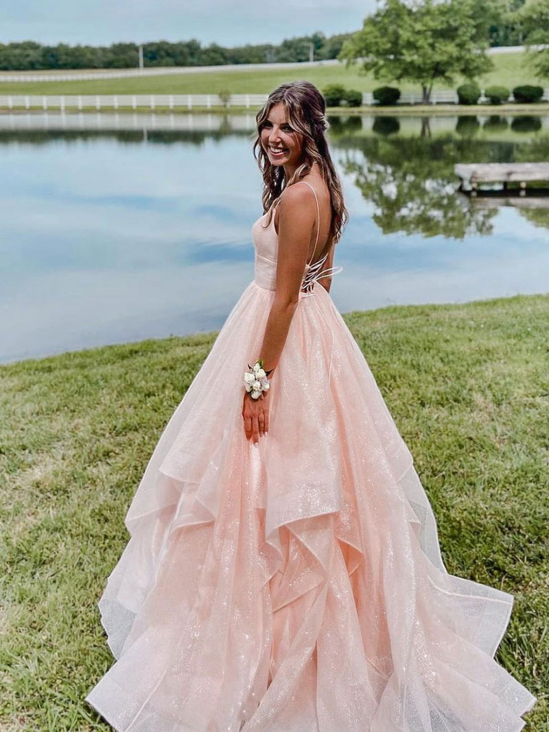 Pink Long Prom Dress, Pink V Neck Tulle Formal Graduation Dresses US 12 / Custom Color Pink Long Prom Dress, Pink V Neck Tulle Formal Graduation Dresses US 12 / Custom Color
