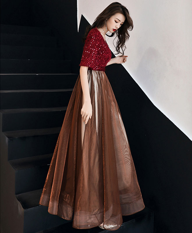 Burgundy Sequin Tulle Long Prom Dress, Burgundy Evening Dress shopluu Burgundy Sequin Tulle Long Prom Dress, Burgundy Evening Dress shopluu