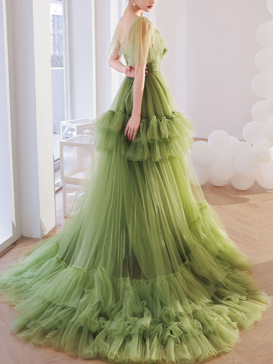 Green V Neck Tulle Long Prom Dress, Green Tulle Formal Dresses