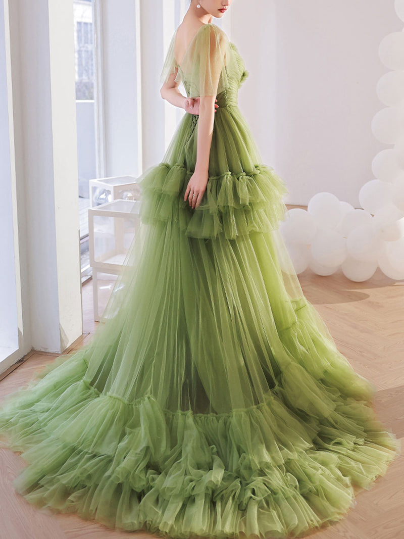 Green V Neck Tulle Long Prom Dress, Green Tulle Formal Dresses Green V Neck Tulle Long Prom Dress, Green Tulle Formal Dresses