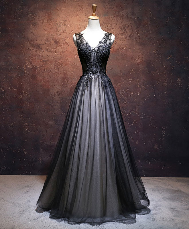 Black V Neck Tulle Lace Applique Long Prom Dress, Black Lace Bridesmaid Dress Custom Size / Custom Color Black V Neck Tulle Lace Applique Long Prom Dress, Black Lace Bridesmaid Dress Custom Size / Custom Color