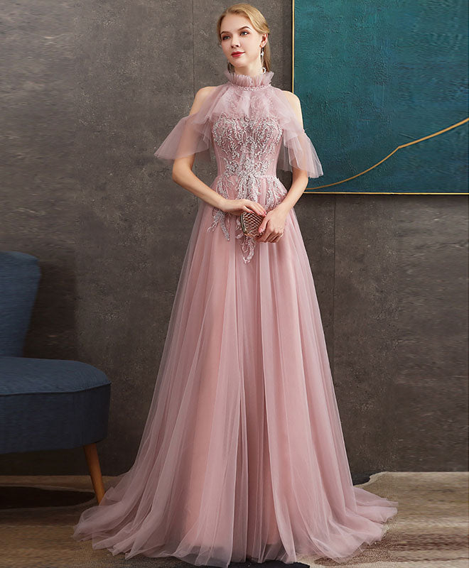 Pink Tulle Lace Long Prom Dress Pink Tulle Formal Graduation Dress with Beading