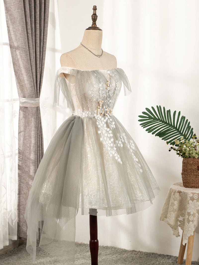 Cute Gray Tulle Lace Short Prom Dress, Gray Tulle Puffy Homecoming Dress US 10 / Gray Cute Gray Tulle Lace Short Prom Dress, Gray Tulle Puffy Homecoming Dress US 10 / Gray