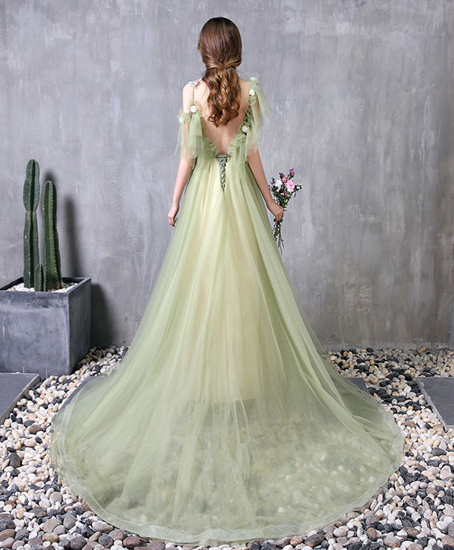 Green Tulle Lace Long Prom Dress Green Evening Dress