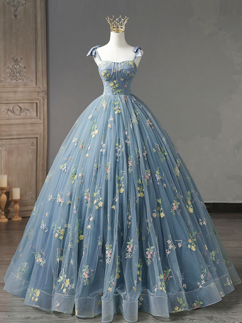 A-Line Sweetheart Neck Lace Gray Blue Long Prom Dress, Gray Blue Sweet shopluu A-Line Sweetheart Neck Lace Gray Blue Long Prom Dress, Gray Blue Sweet shopluu