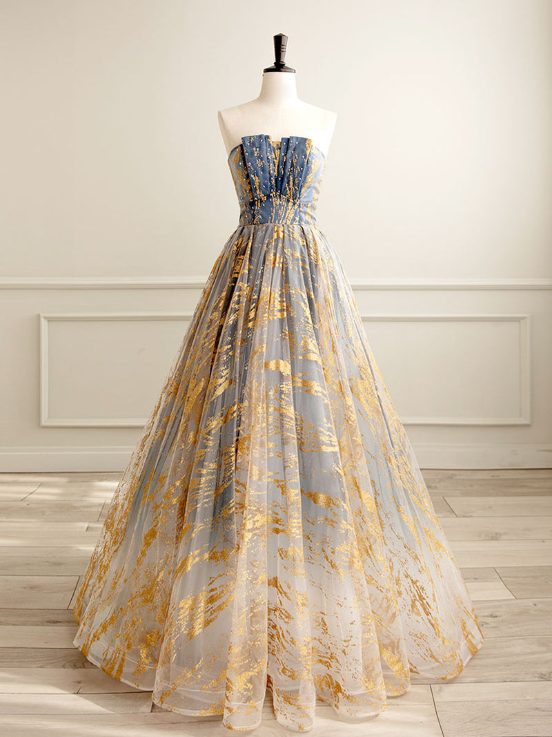 A-Line Tulle Gold/Blue Long Prom Dress, Blue Formal Evening Dress