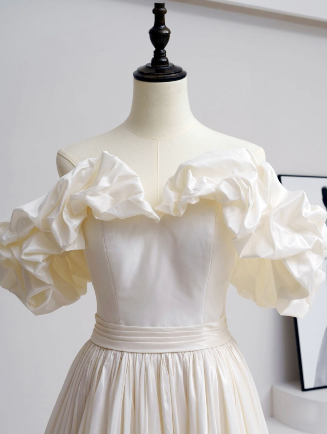 A-Line Off Shoulder Beige Taffeta Long Prom Dresses