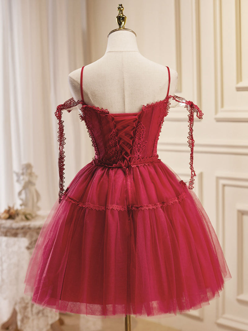 A-Line Burgundy Lace Short Prom Dress, Burgundy Puffy Homecoming Dresses US 6 / Custom Color A-Line Burgundy Lace Short Prom Dress, Burgundy Puffy Homecoming Dresses US 6 / Custom Color
