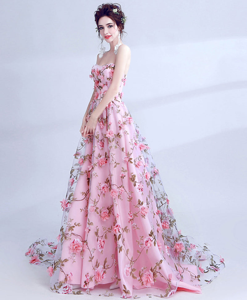 Pink Tulle 3D Flowers Long Prom Dress, Pink Long Graduation Dresses
