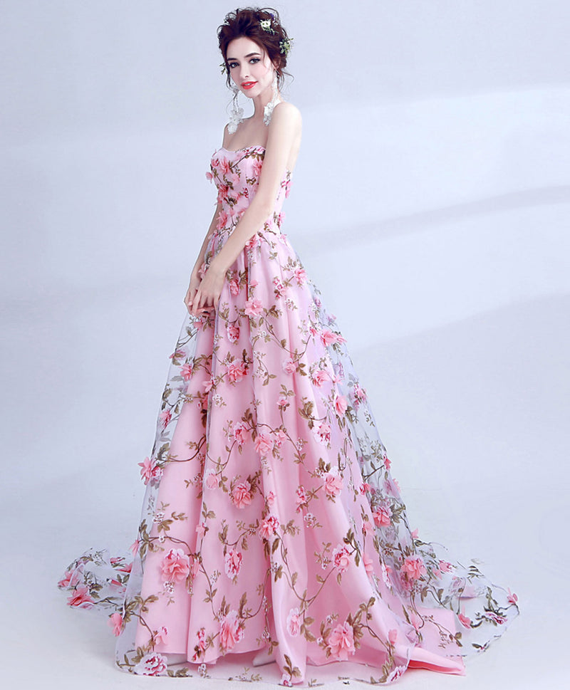 Pink Baju Flower Pink Tulle 3D Flowers Long Prom Dress, Pink Long