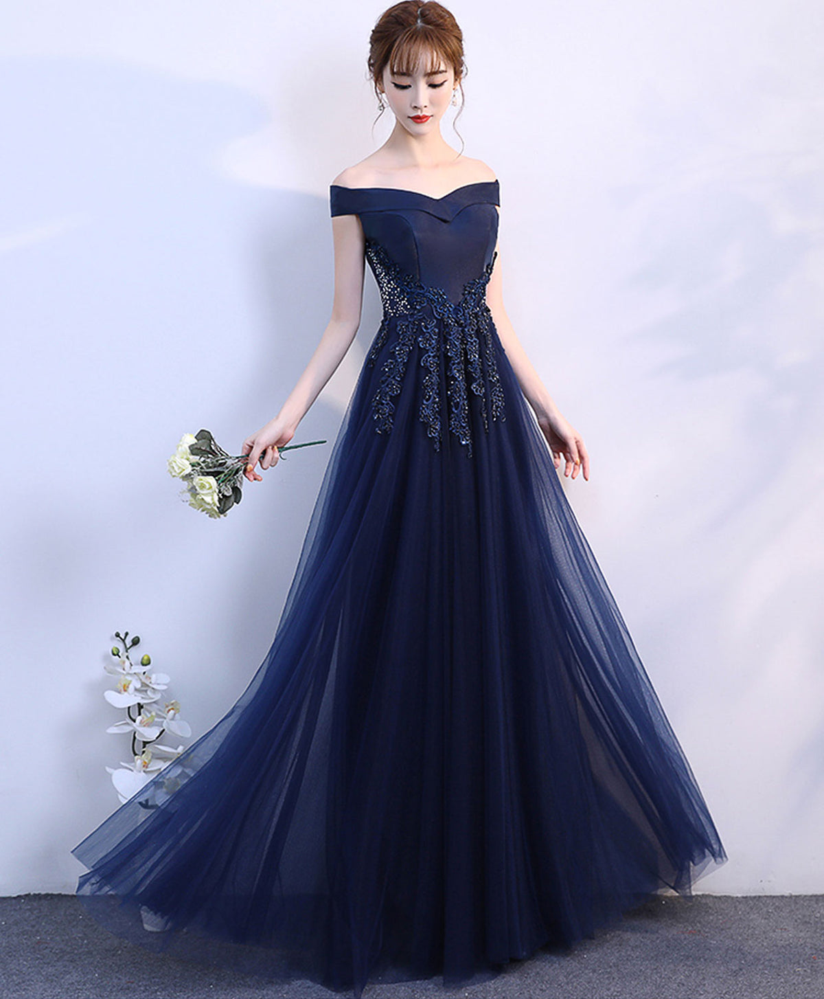 Dark Blue Off Shoulder Long Prom Dress, Blue Evening Dress