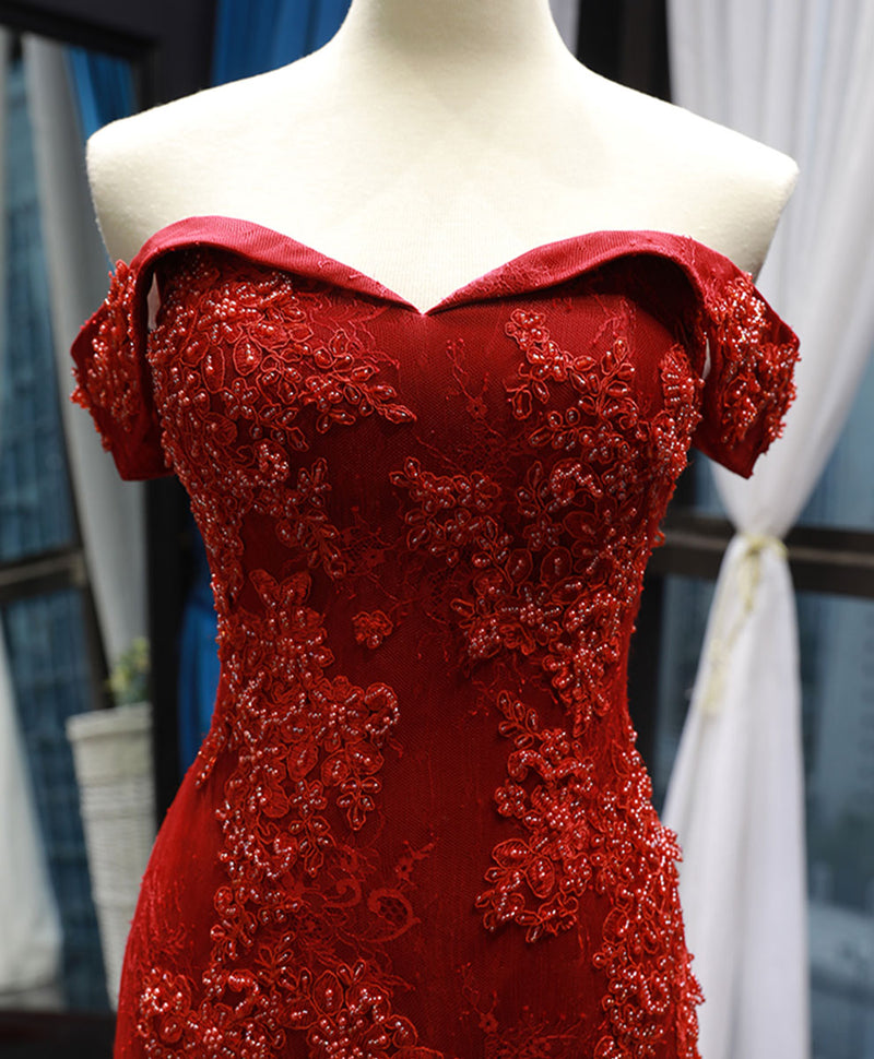 Burgundy Off Shoulder Tulle Lace Mermaid Long Prom Dress, Burgundy Evening Dress Burgundy Off Shoulder Tulle Lace Mermaid Long Prom Dress, Burgundy Evening Dress