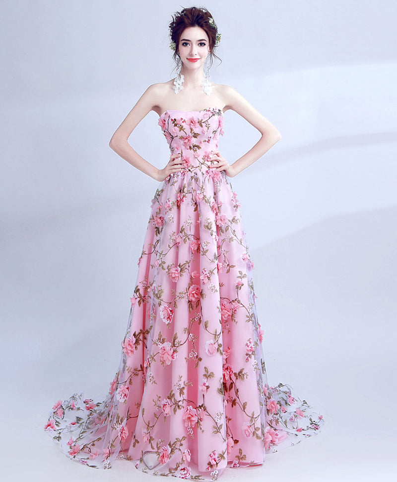 Strapless Pink 3D Floral Long Prom Dresses, Pink 3D Floral Long Formal Evening Dresses, US 4 / Pink As Pics / No Rush Strapless Pink 3D Floral Long Prom Dresses, Pink 3D Floral Long Formal Evening Dresses, US 4 / Pink As Pics / No Rush
