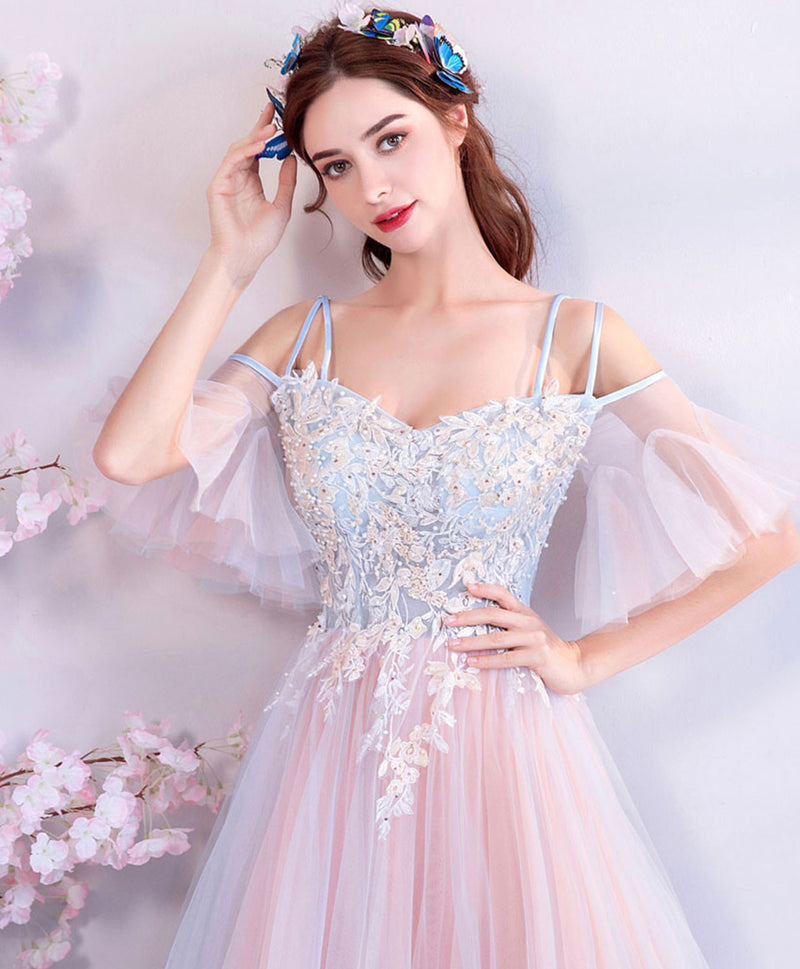 A-Line Pink Tulle Lace Applique Long Prom Dress, Pink Formal Party Dre – shopluu