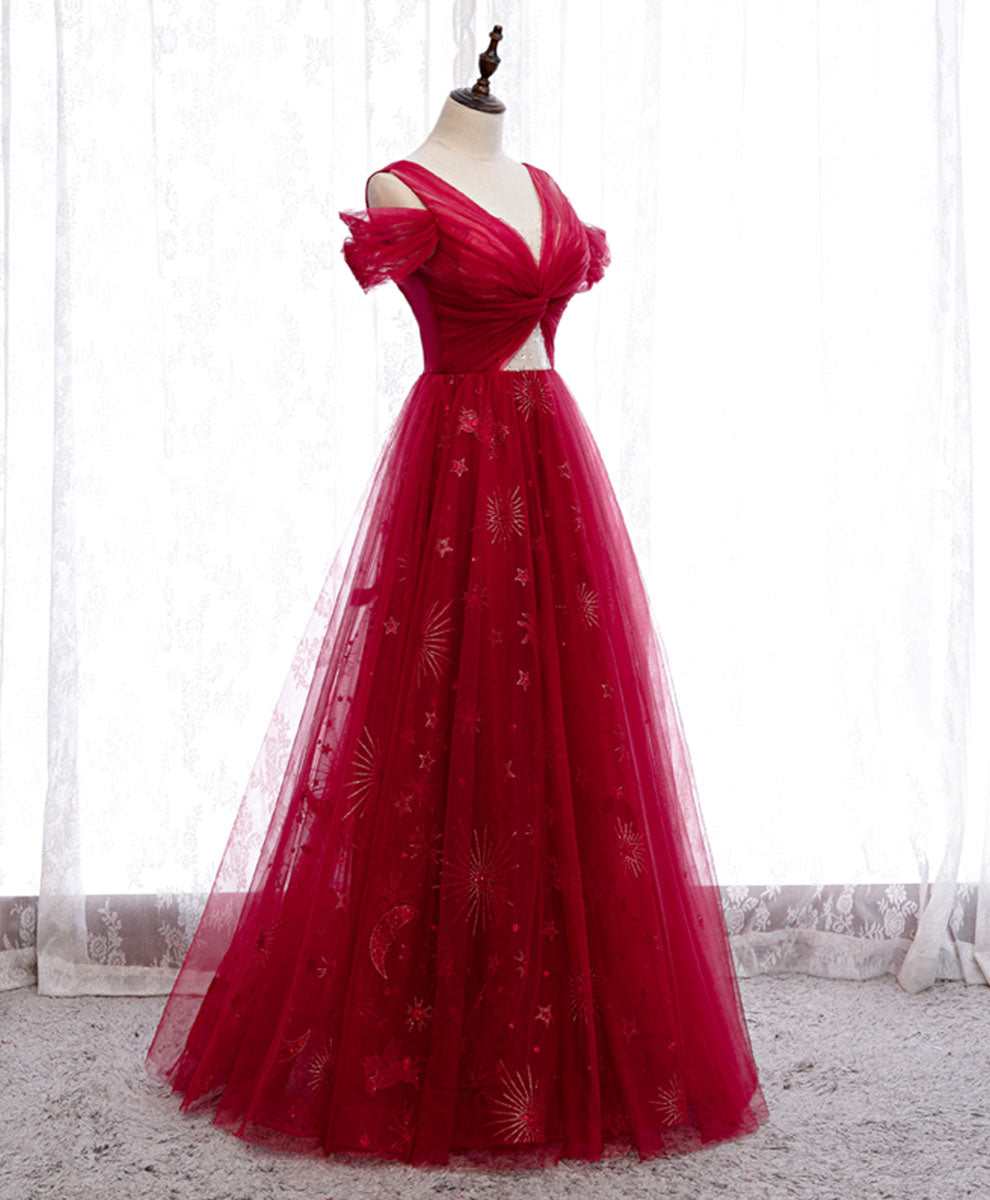 Burgundy V Neck Tulle Lace Long Prom Dress Burgundy Evening Dress