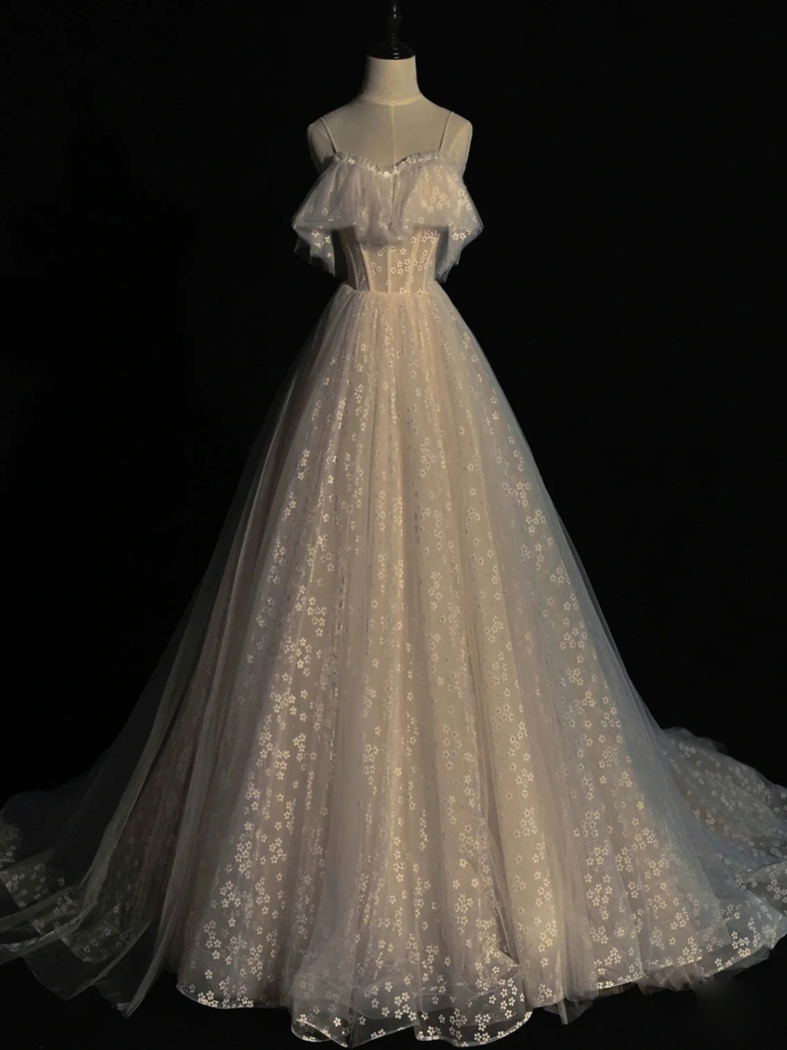 Gray blue/champagne Tulle Long Prom Dress, Tulle Formal Graduation Dresses