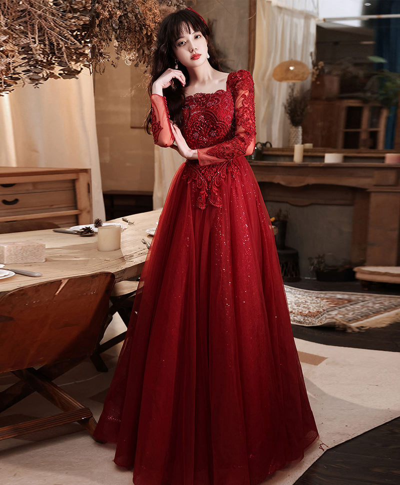 Round Neck Long Sleeves Burgundy Lace Prom Dresses, Long Sleeves Burgundy  Lace Formal Evening Dresses