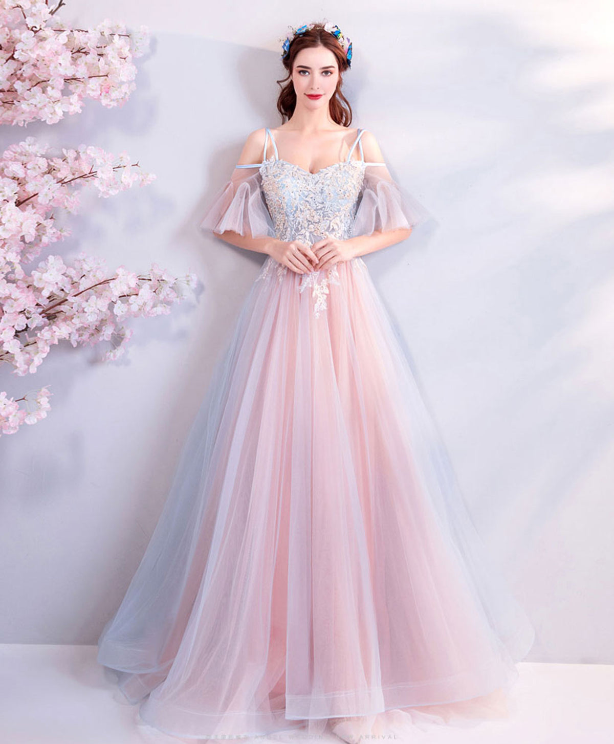 A-Line Pink Tulle Lace Applique Long Prom Dress, Pink Formal Party Dresses