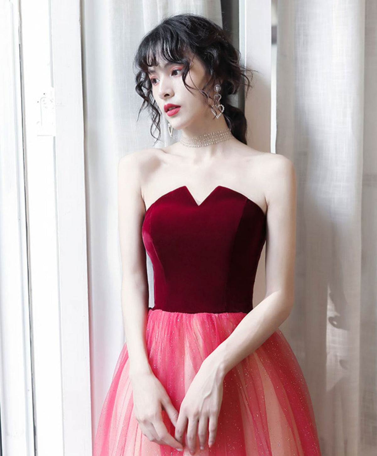 A-Line A Line Burgundy Long Prom Dress, Burgundy Long Evening Dress