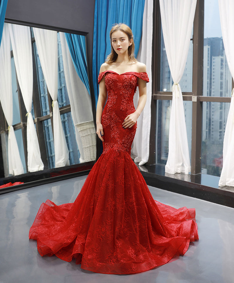 Burgundy Off Shoulder Tulle Lace Mermaid Long Prom Dress, Burgundy Eve shopluu Burgundy Off Shoulder Tulle Lace Mermaid Long Prom Dress, Burgundy Eve shopluu